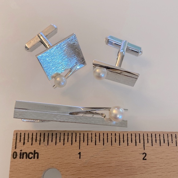 Mikimoto Silver Pearl Cuff Links + Tie Clip Set - Picture 5 of 5